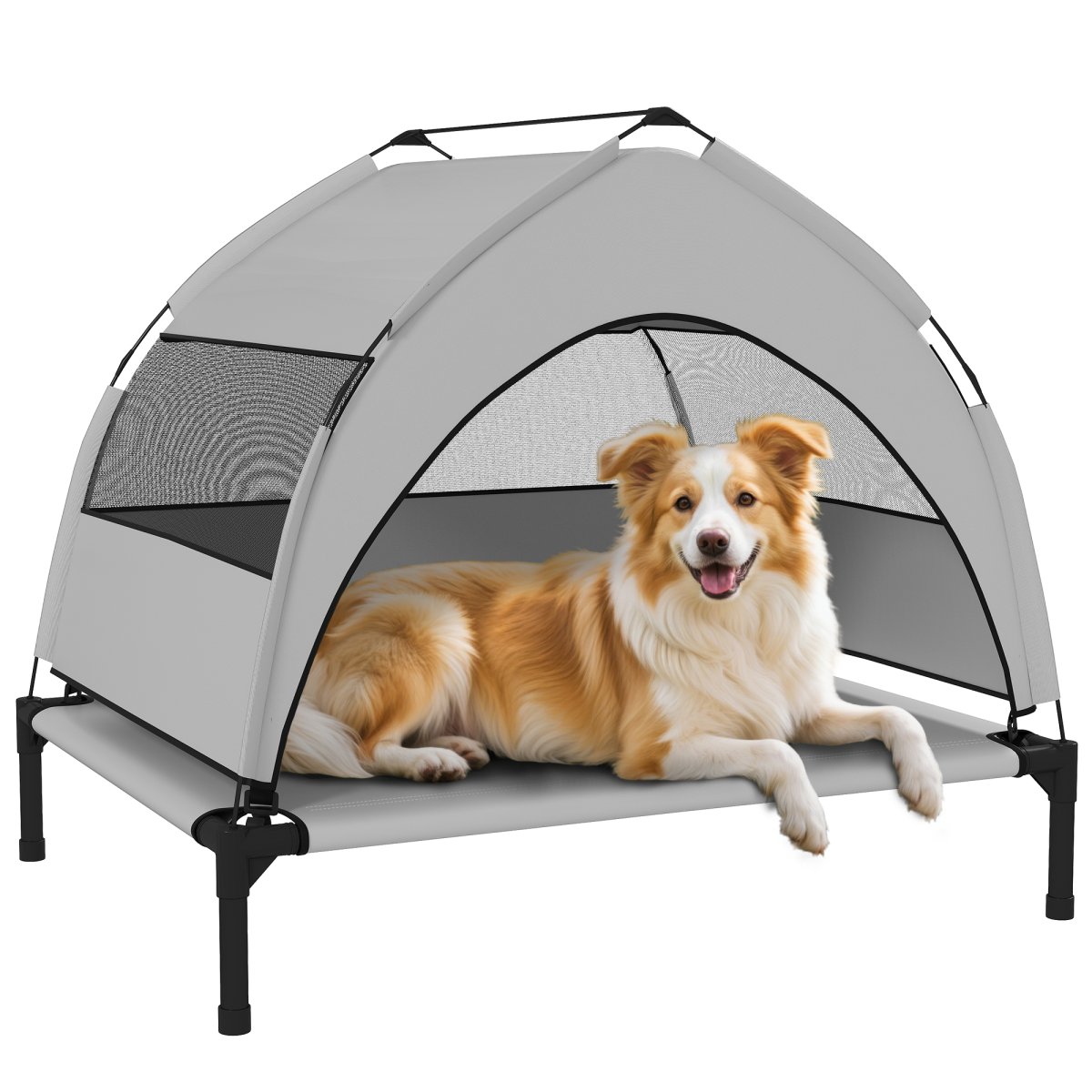 Portable elevated dog bed with removable canopy by PawHut, showcasing a raised frame and shaded cover for outdoor comfort.