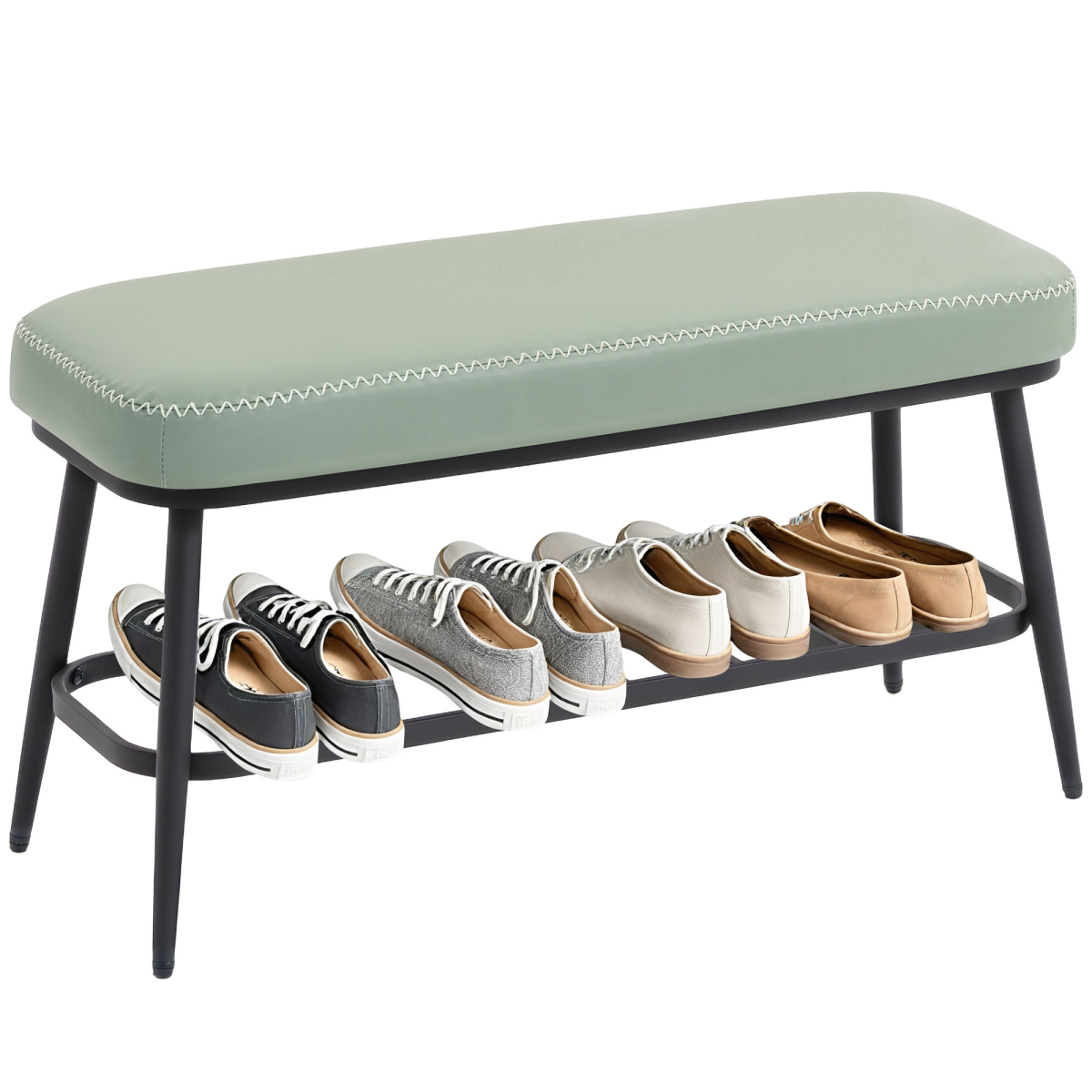 HOMCOM PU leather shoe storage bench with cushioned top and metal legs, ideal for entryway organization and seating.