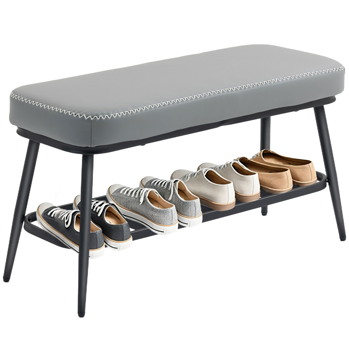HOMCOM PU leather shoe storage bench with cushioned seat and open compartments for entryway organization