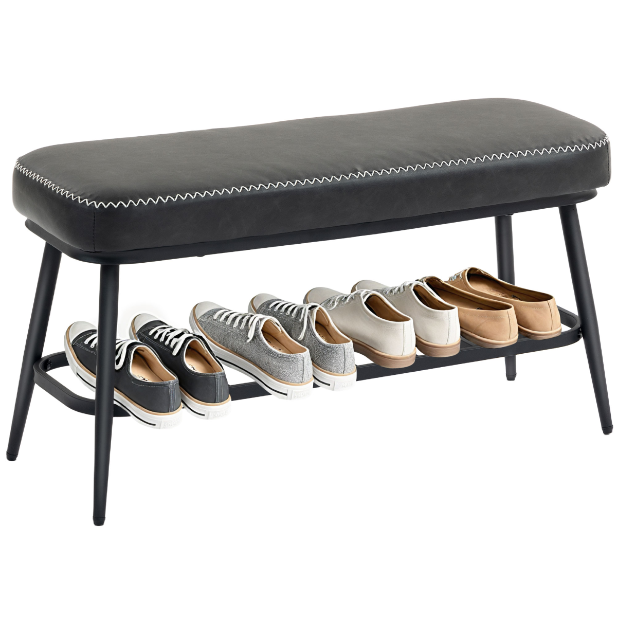 HOMCOM PU leather shoe storage bench with cushioned seat and open compartments for entryway organization