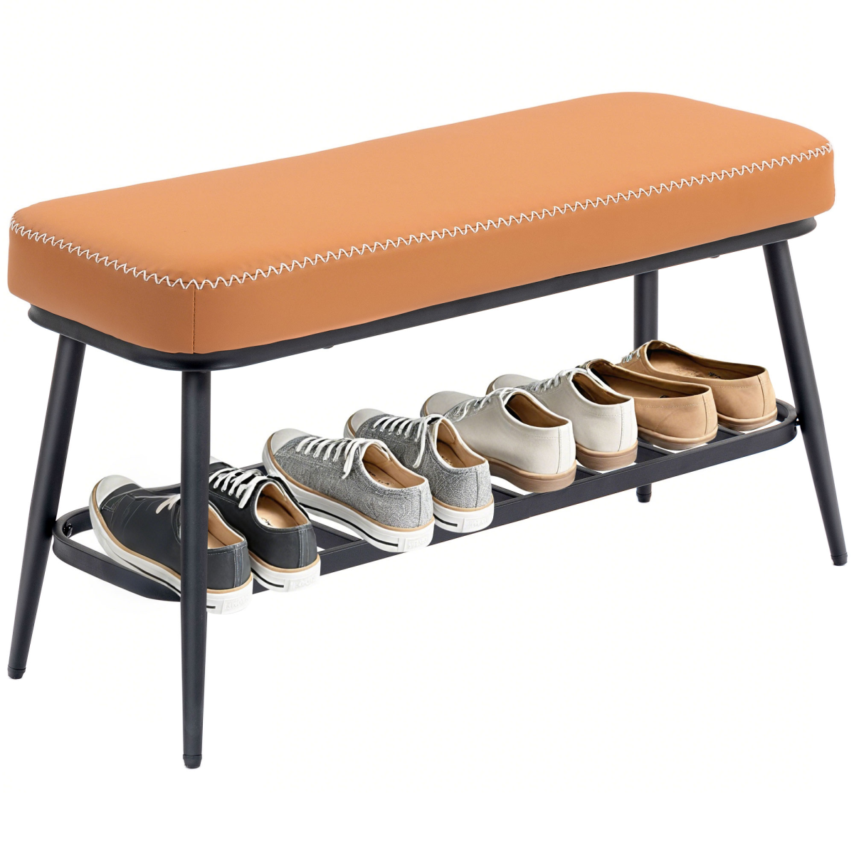HOMCOM PU leather shoe storage bench with cushioned seat and open shelves for entryway organization and seating.