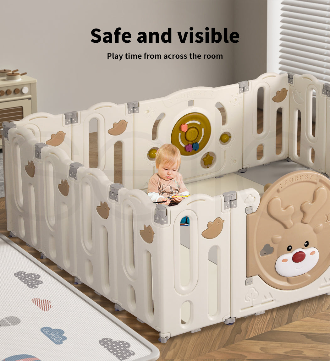 Livoshop Dekko Kids Playpen with foldable panels, baby safety gate, toddler play area, and colorful game toy for children.