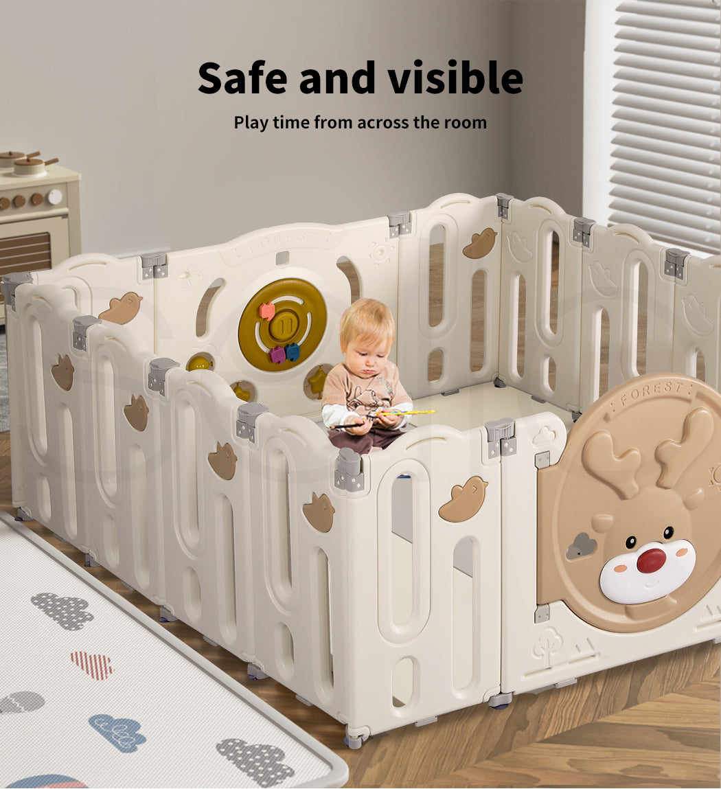 Livoshop Dekko Kids Playpen baby safety gate with foldable panels, toddler play area, and colorful toy game features.