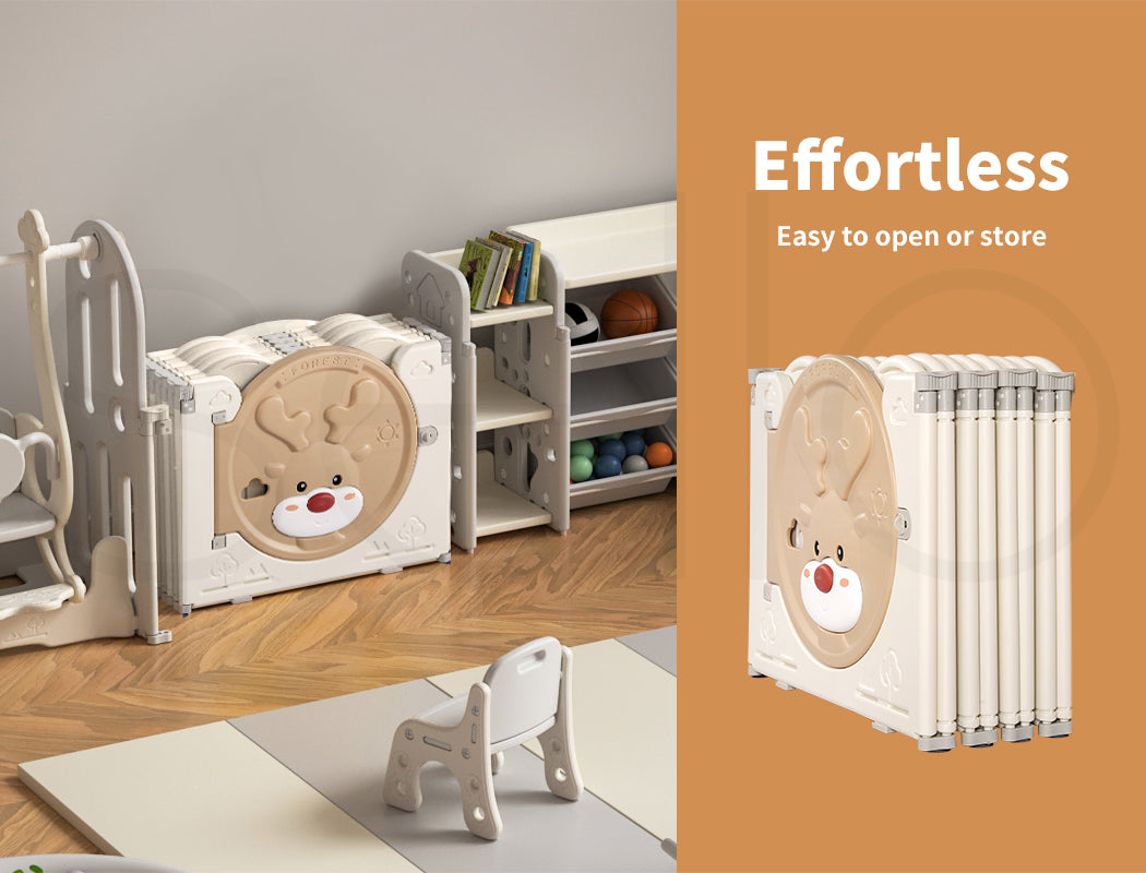 Livoshop Dekko kids playpen safety gate with foldable panels, toddler play area, and game toy features in a colorful design.