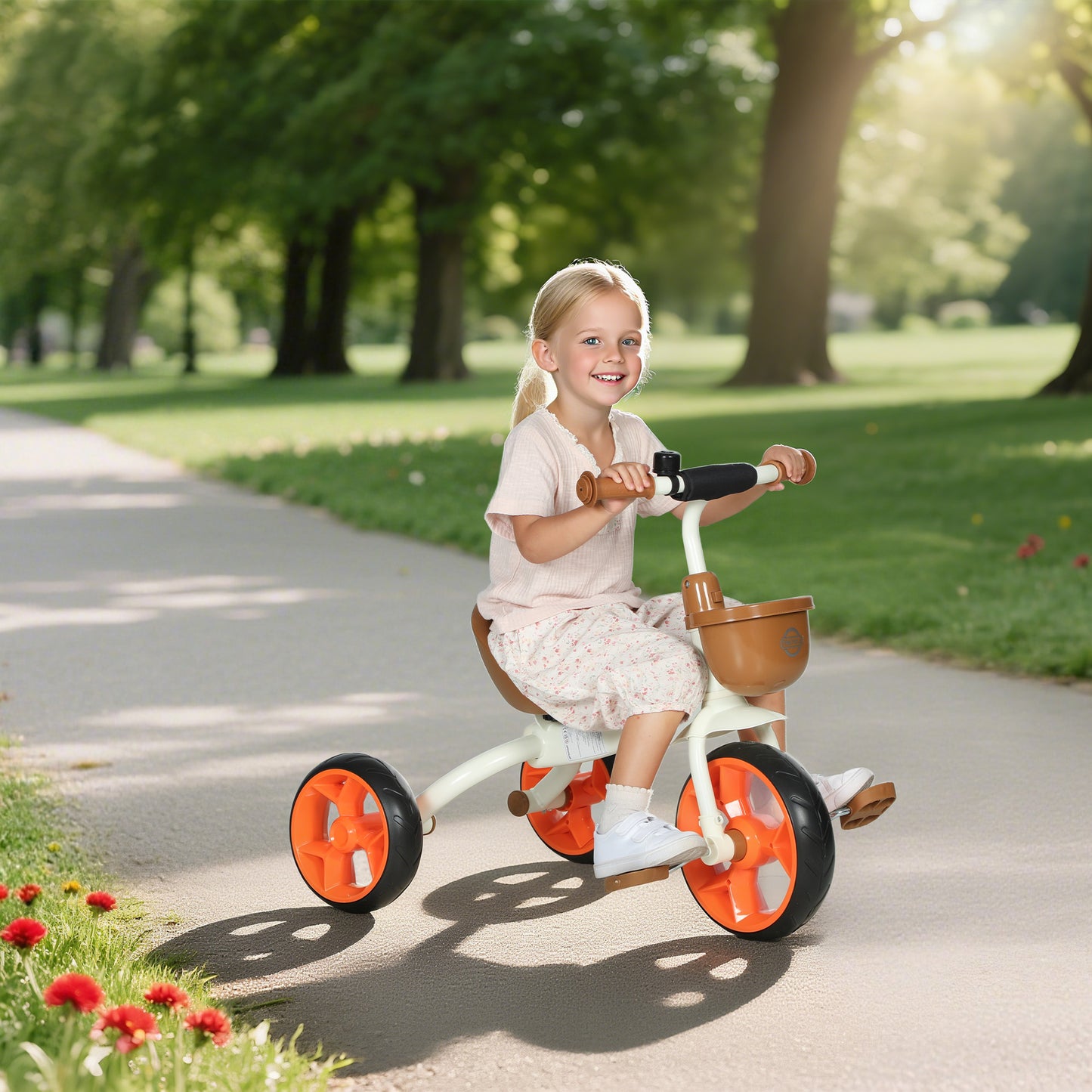 Orange HOMCOM kids trike with front basket, EVA wheels, suitable for ages 2-5, designed for indoor and outdoor play.