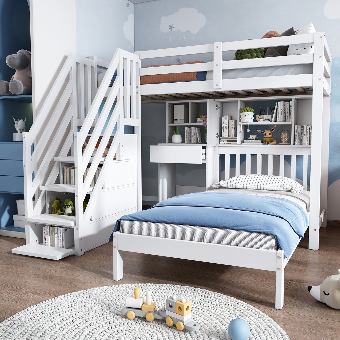White HOMCOM Wood House Bunk Bed with desk, shelves, storage, and slatted frame, measuring 90x190 cm for children.