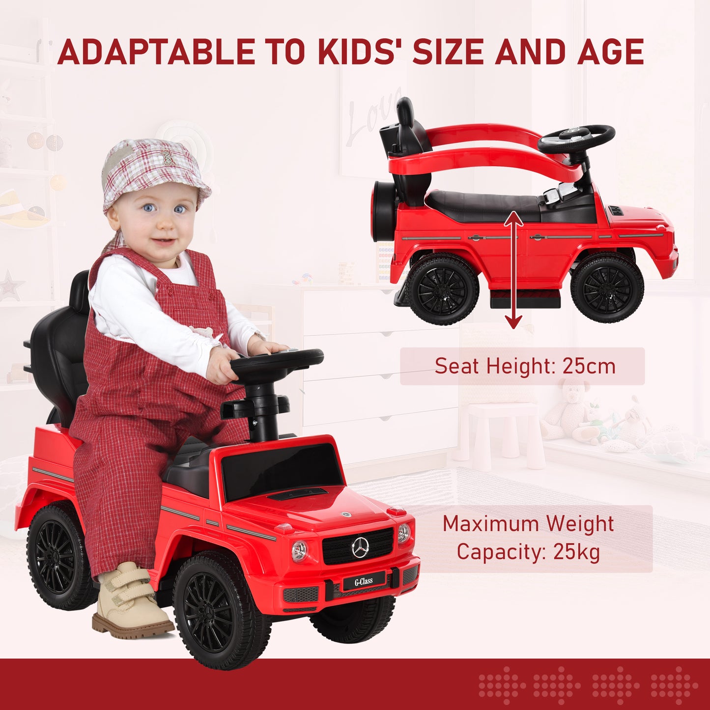 Red HOMCOM 3-in-1 kids ride-on push car with steering wheel and horn, toddler sliding foot-to-floor walker, manual push-along toy