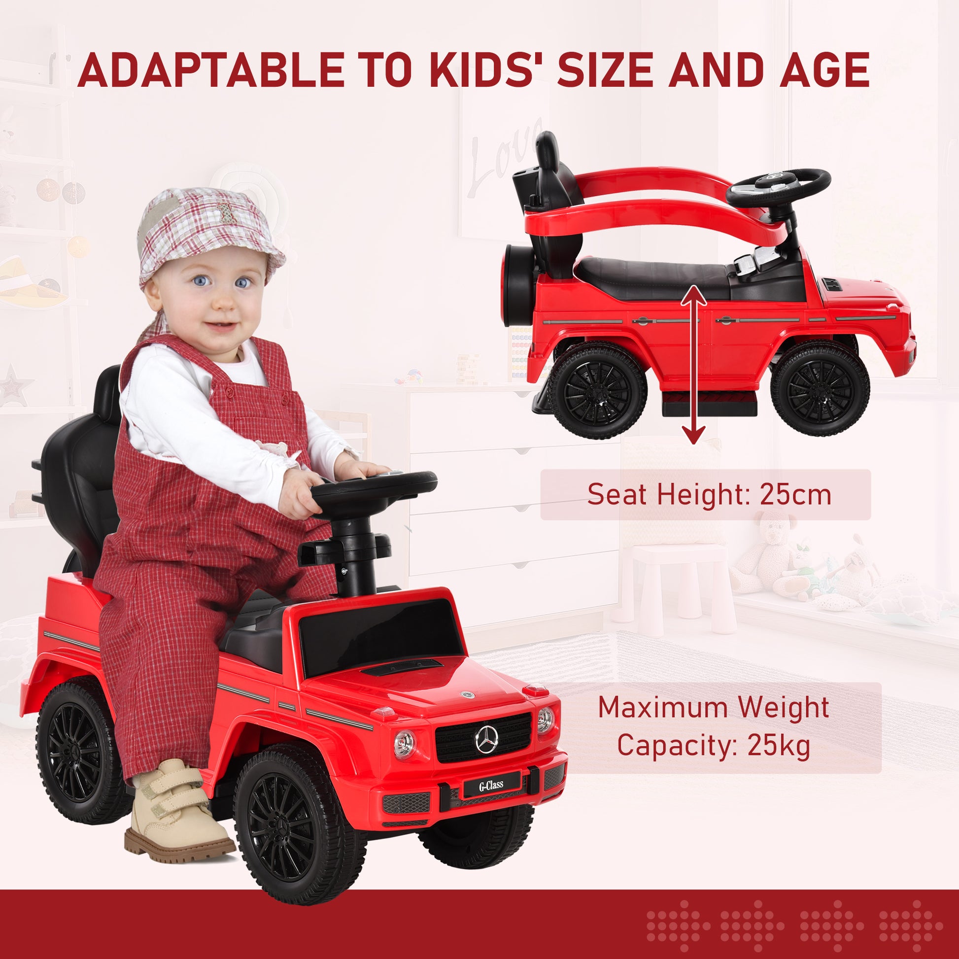 Red HOMCOM 3-in-1 kids ride-on push car with steering wheel and horn, toddler sliding foot-to-floor walker, manual push-along toy