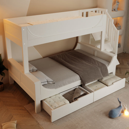 Kids Bunk Bed with Staircase Drawers & Storage – Solid Wood White Frame