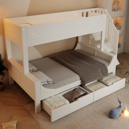 Kids Bunk Bed with Staircase Drawers & Storage – Solid Wood White Frame