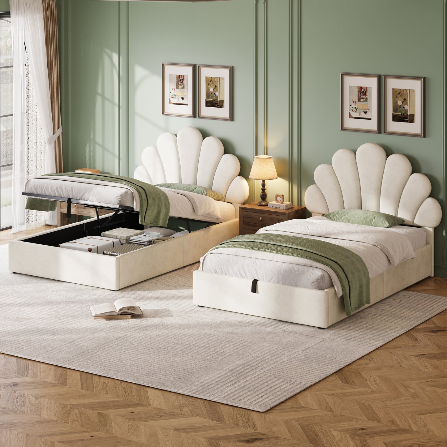 HOMCOM 3ft beige upholstered hydraulic bed with adjustable petal velvet headboard, solid wood slats, and built-in storage.