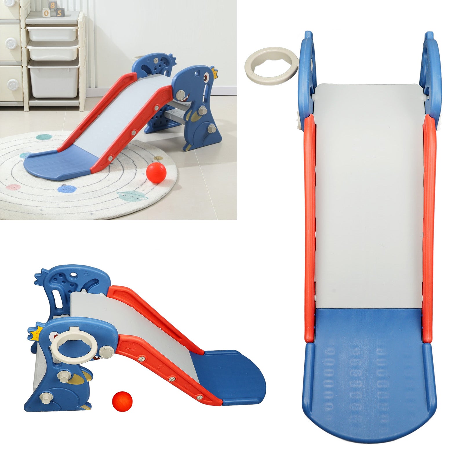 Foldable dinosaur toddler indoor slide with basketball hoop, designed for ages 0-3, by Livoshop.
