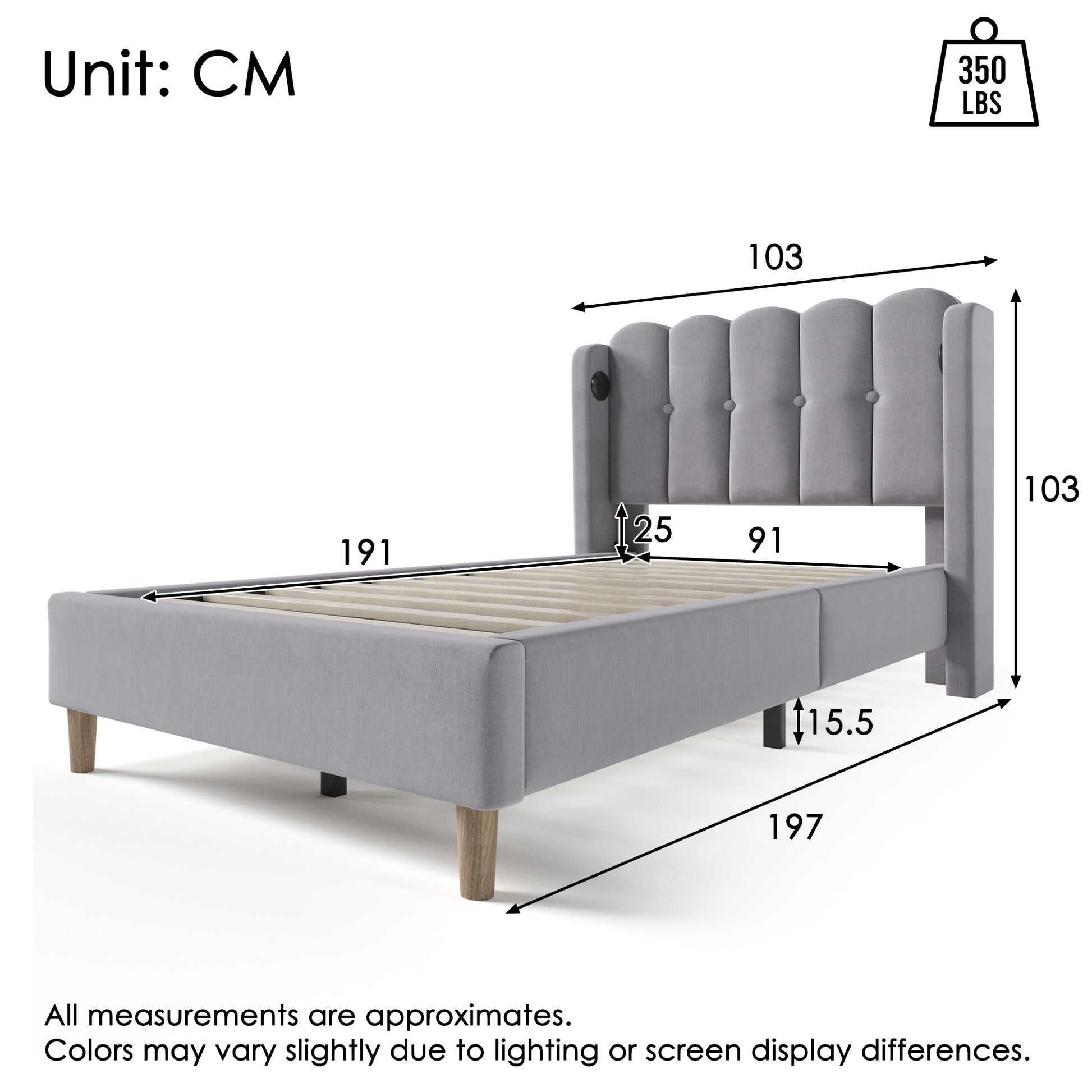 Grey linen upholstered single bed frame with wooden slats, USB and Type-C charging ports, suitable for bedroom or guest room.