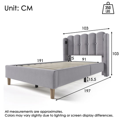 Grey linen upholstered single bed frame with wooden slats, USB and Type-C charging ports, suitable for bedroom or guest room.