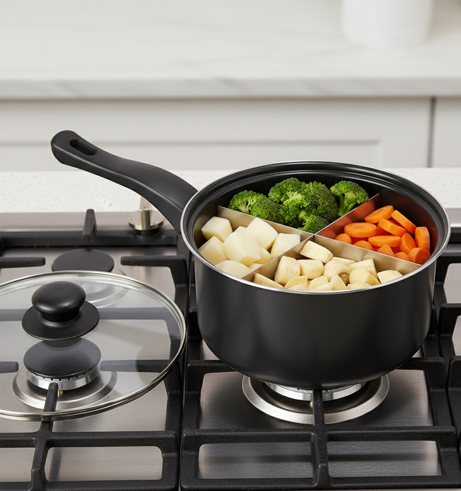 Avilo 20cm 4-way divided saucepan with removable food divider, vented lid, made of carbon steel, showing the multi-compartment design.