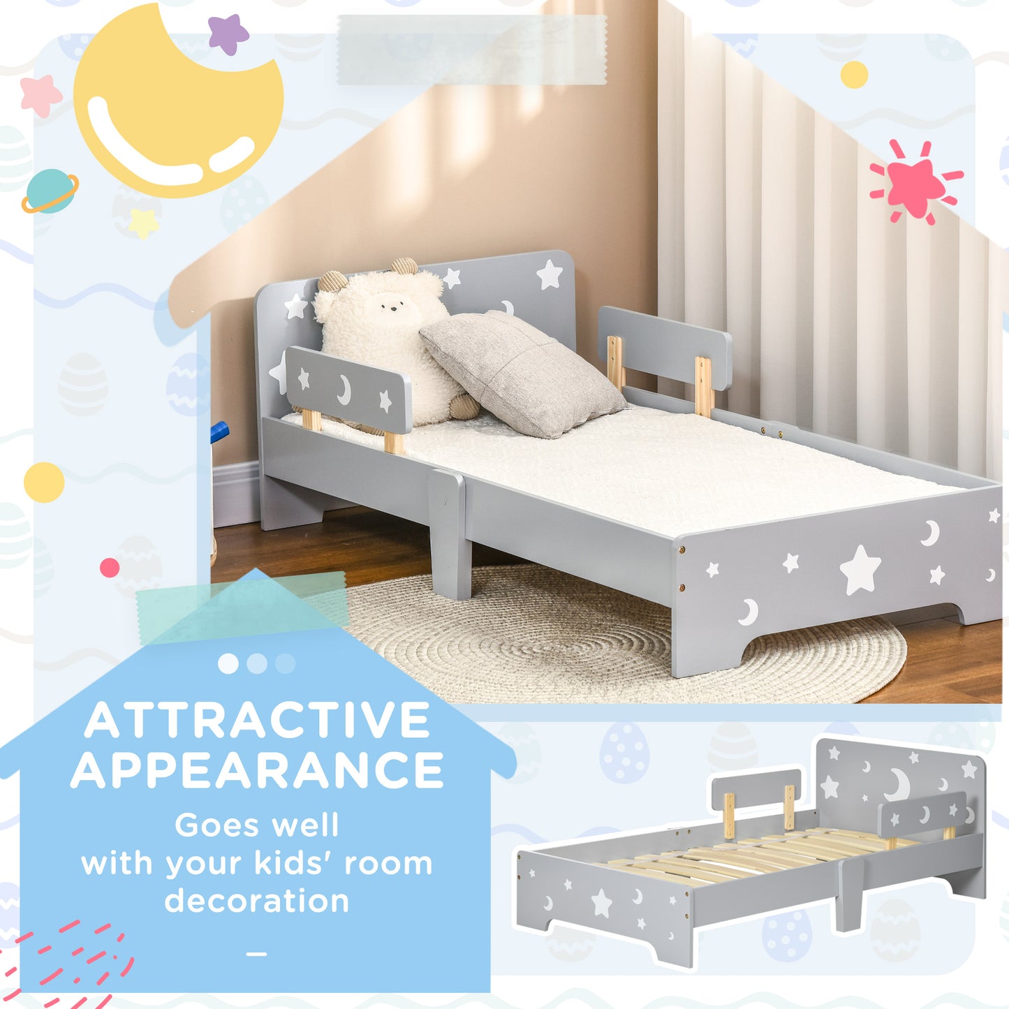HOMCOM ZONEKIZ kids toddler bed in grey with star and moon patterns, side rails, suitable for ages 3-6 years