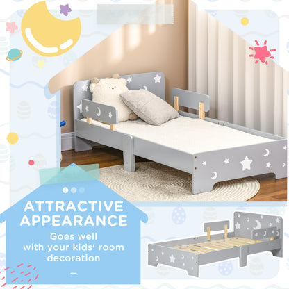 HOMCOM ZONEKIZ kids toddler bed in grey with star and moon patterns, side rails, suitable for ages 3-6 years