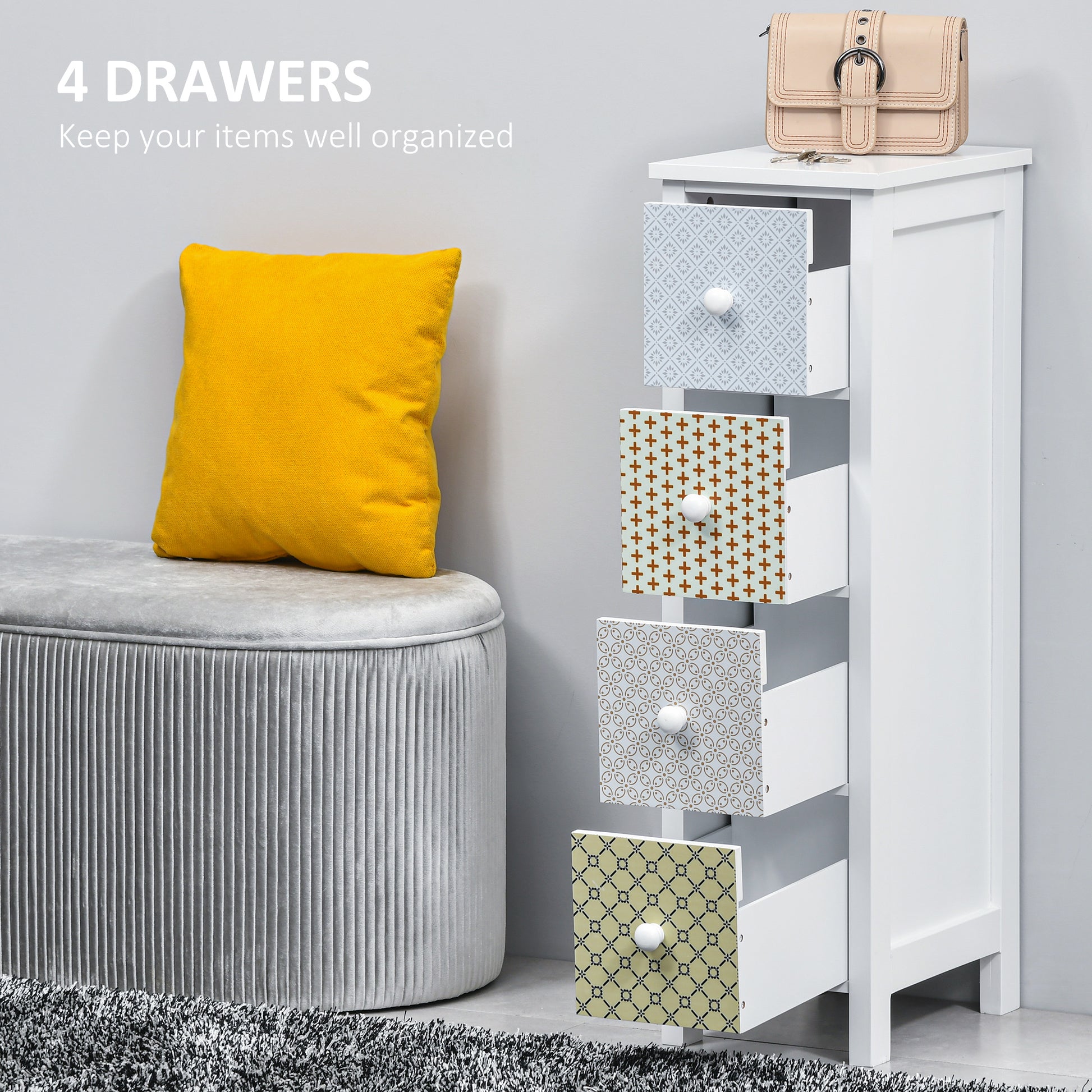 HOMCOM 4-drawer bathroom storage cabinet and bedroom organizer chest with spacious drawers and sleek design.