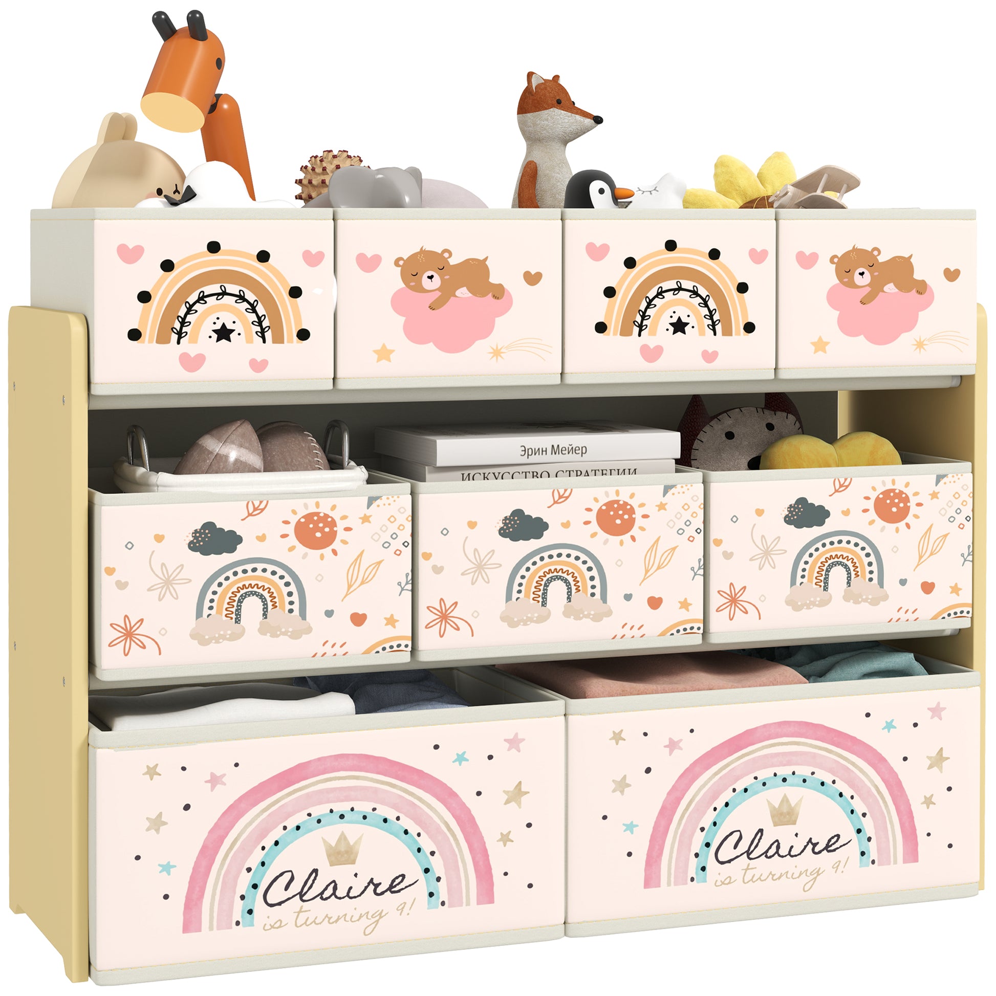 HOMCOM 3-tier kids storage unit with nine yellow fabric boxes for toys and books in a nursery or bedroom.