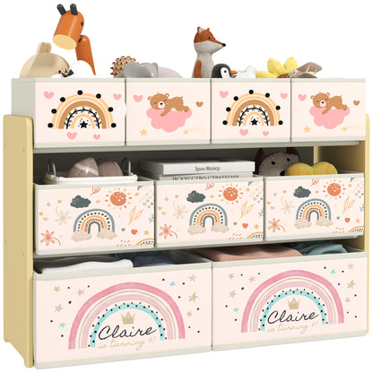 HOMCOM 3-tier kids storage unit with nine yellow fabric boxes for toys and books in a nursery or bedroom.