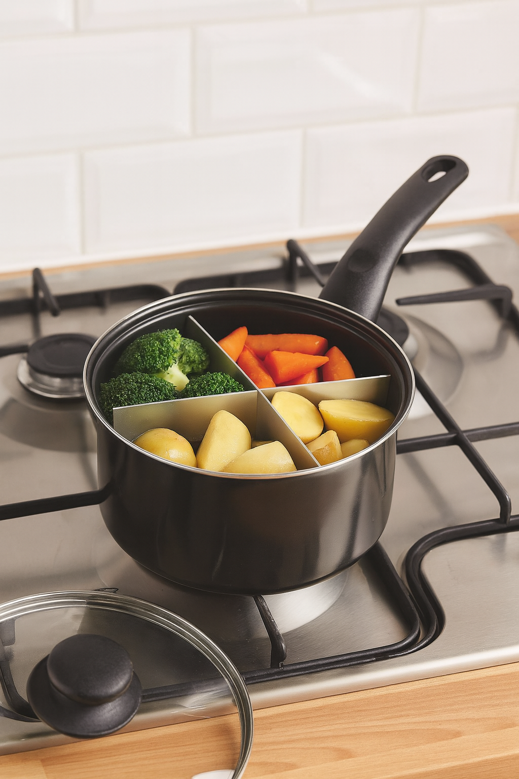 Avilo 20cm carbon steel 4-way divided saucepan with removable separator, vented lid, and 4.9L capacity, shown with divided compartments.