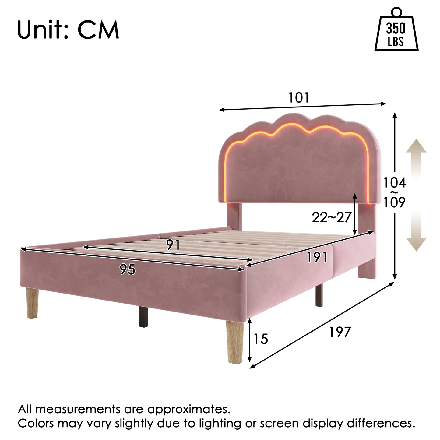 Pink velvet upholstered single bed with LED lighting, wooden slats, adjustable headboard, ideal for teen or guest bedroom.
