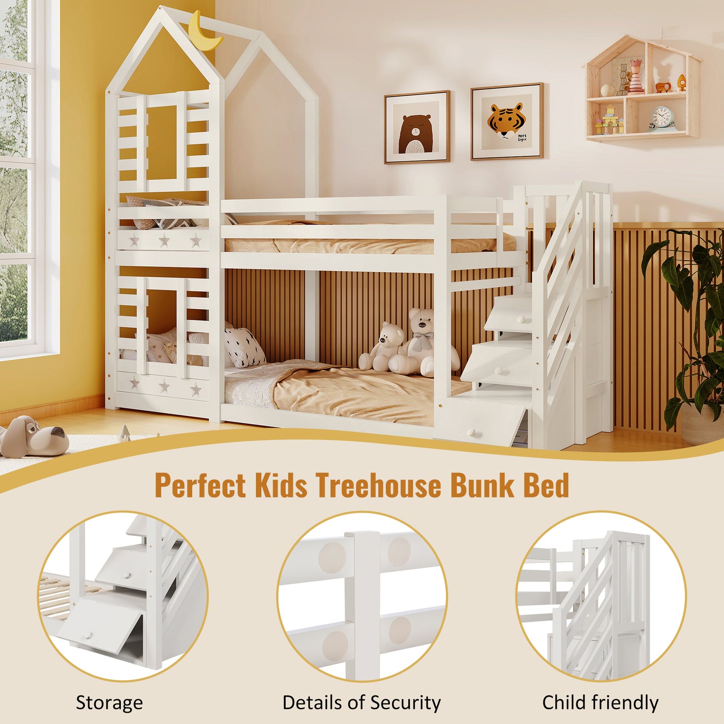 White HOMCOM bunk bed with built-in storage, window, and twin-sized design in solid pine wood for kids' bedroom.