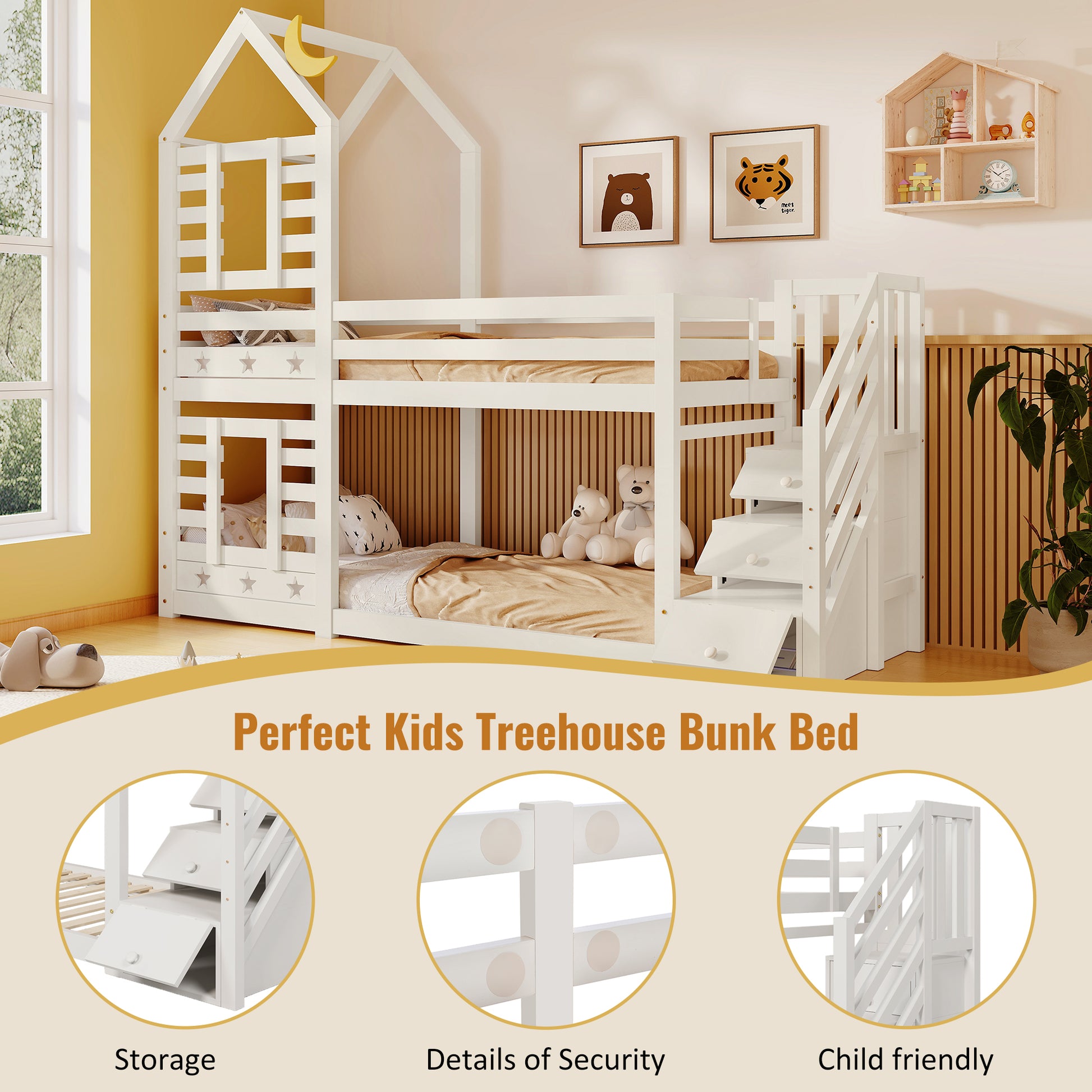 White HOMCOM bunk bed with built-in storage, window, and twin-sized design in solid pine wood for kids' bedroom.