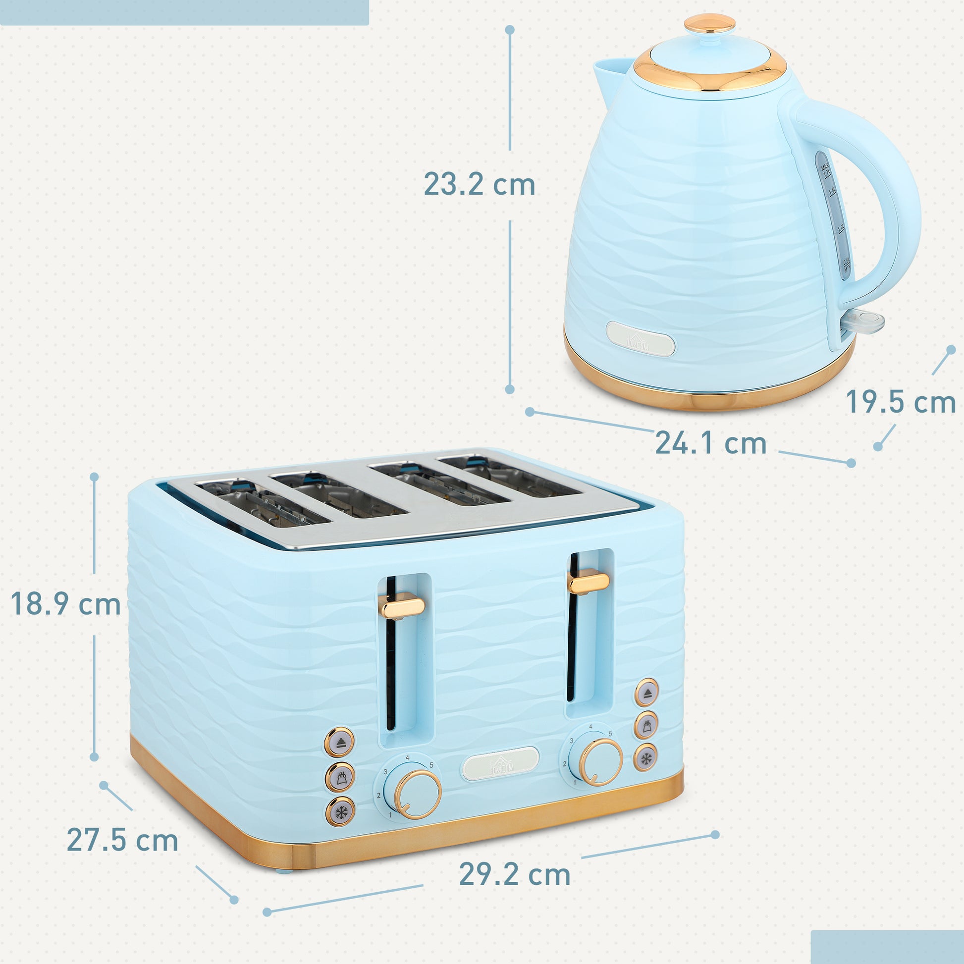 HOMCOM light blue 3000W 1.7L kettle and 4-slice toaster set with browning controls and crumb tray, on a kitchen countertop.