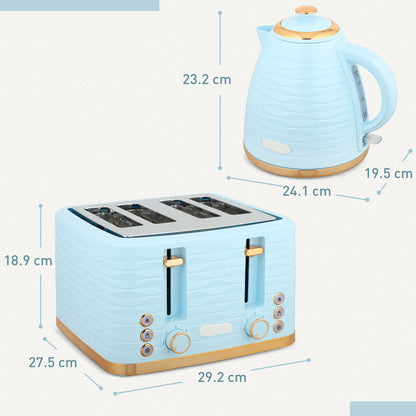HOMCOM light blue 3000W 1.7L kettle and 4-slice toaster set with browning controls and crumb tray, on a kitchen countertop.