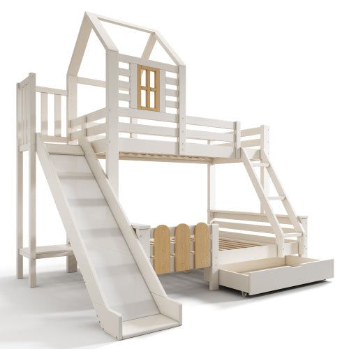 Kids Wooden Cabin Bunk Bed with Ladder & Slide – White Treehouse Design