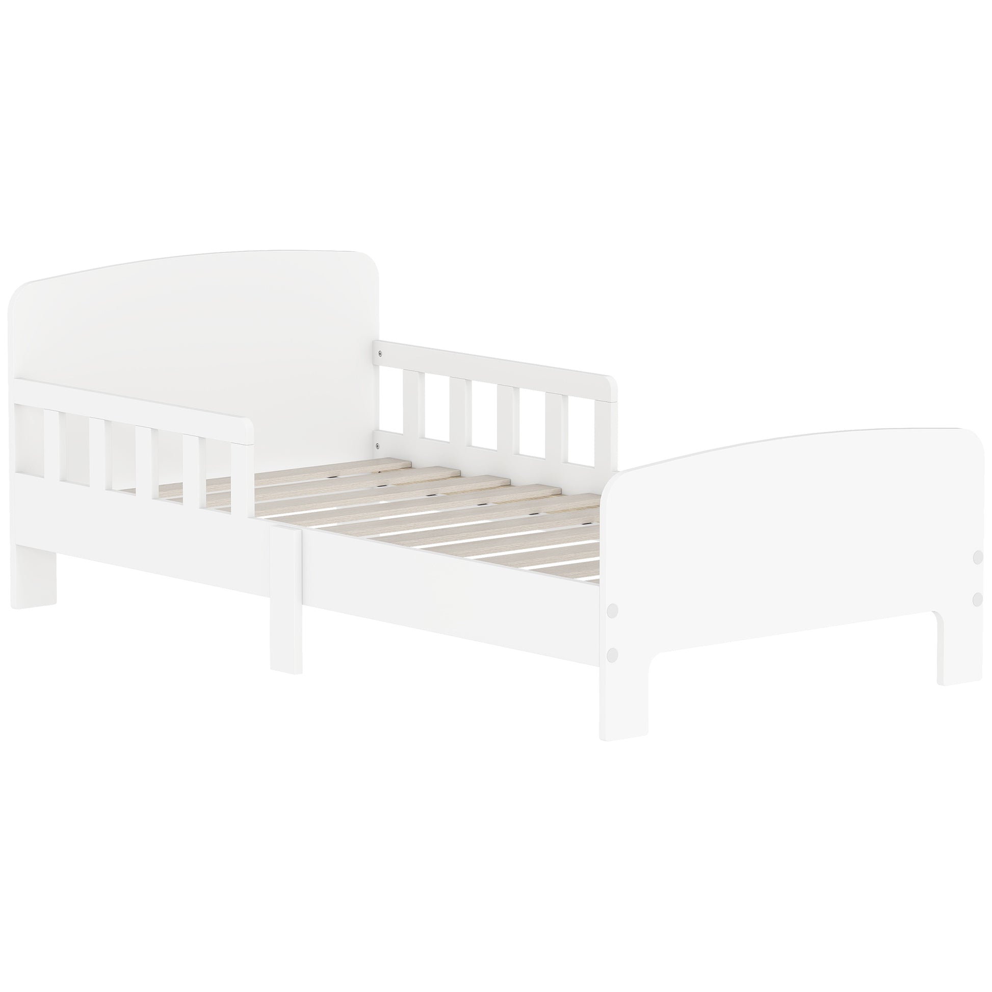 White HOMCOM toddler bed with safety side rails, kids bedroom furniture for ages 3-8, sturdy frame suitable for young children.