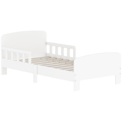 White HOMCOM toddler bed with safety side rails, kids bedroom furniture for ages 3-8, sturdy frame suitable for young children.