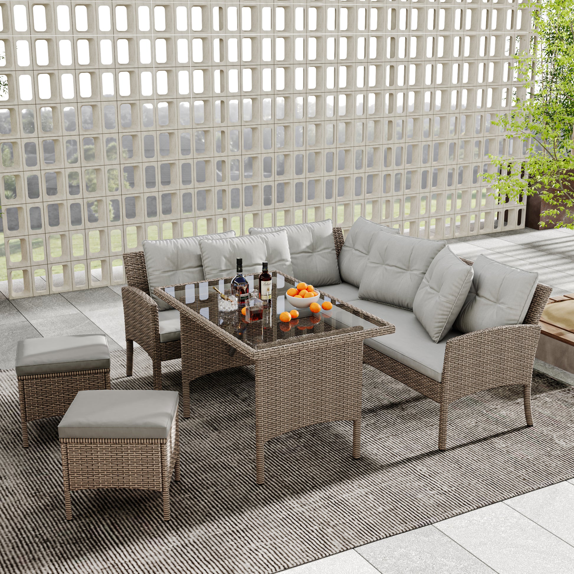 HOMCOM garden corner sofa set with wicker rattan, light grey cushions, table, and stools for outdoor patio seating.
