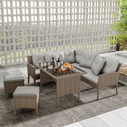HOMCOM garden corner sofa set with wicker rattan, light grey cushions, table, and stools for outdoor patio seating.