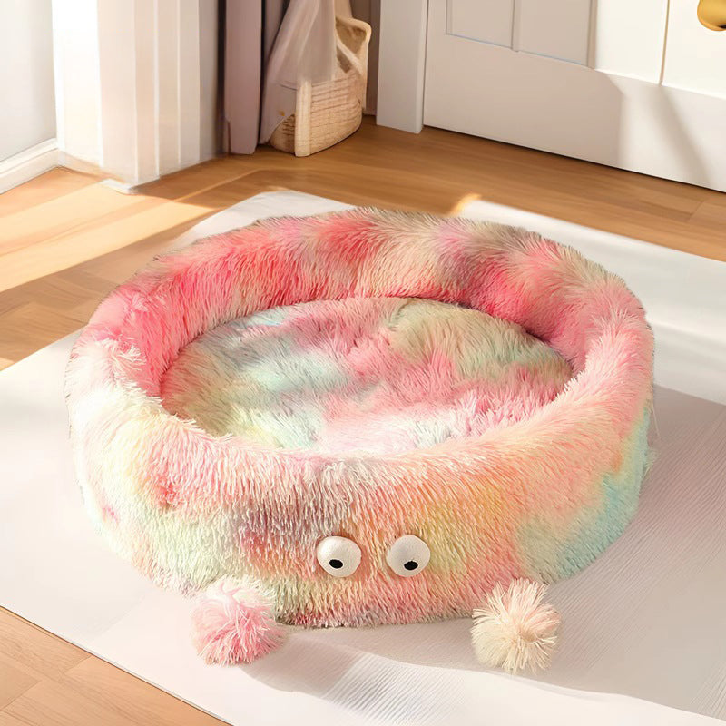 HOMCOM cozy round cat bed with a cute monster eye design, ideal for small pets like cats and small dogs, plush and warm.