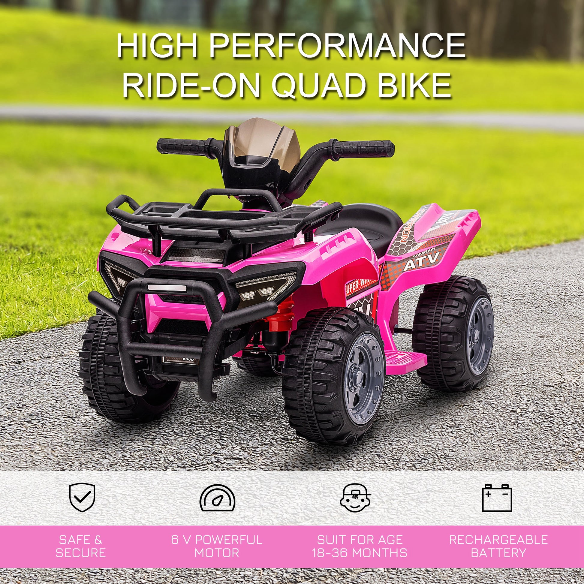 Pink HOMCOM 6V kids electric ride-on car for toddlers, all-terrain quad bike with music, suitable for ages 18-36 months.