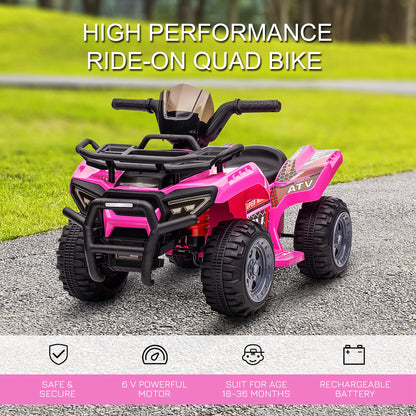 Pink HOMCOM 6V kids electric ride-on car for toddlers, all-terrain quad bike with music, suitable for ages 18-36 months.