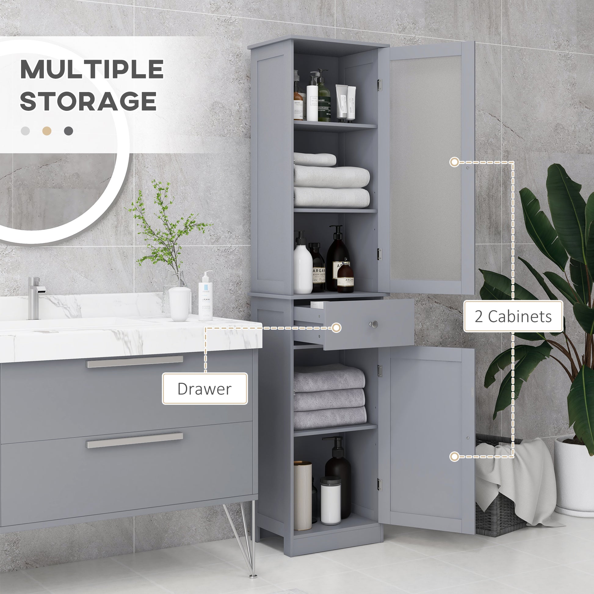 Grey HOMCOM Kleankin bathroom storage cabinet with 3-tier shelves, drawer, door, and tall slim design for organizing bathroom essentials.