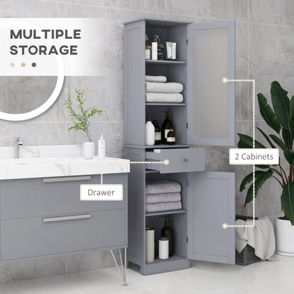 Grey HOMCOM Kleankin bathroom storage cabinet with 3-tier shelves, drawer, door, and tall slim design for organizing bathroom essentials.