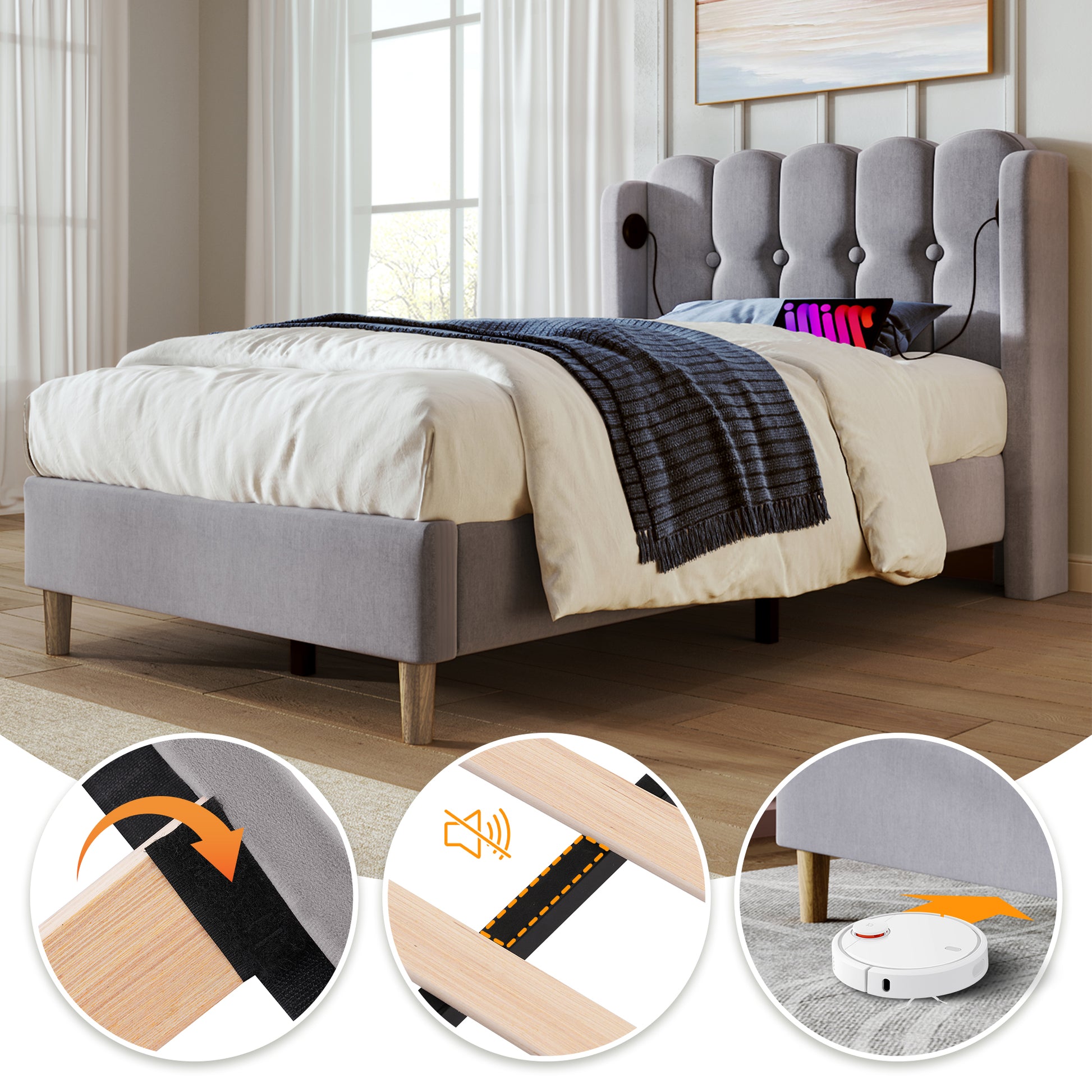 Grey linen upholstered single bed frame with wooden slats, USB and Type-C charging ports, ideal for bedroom or guest room.