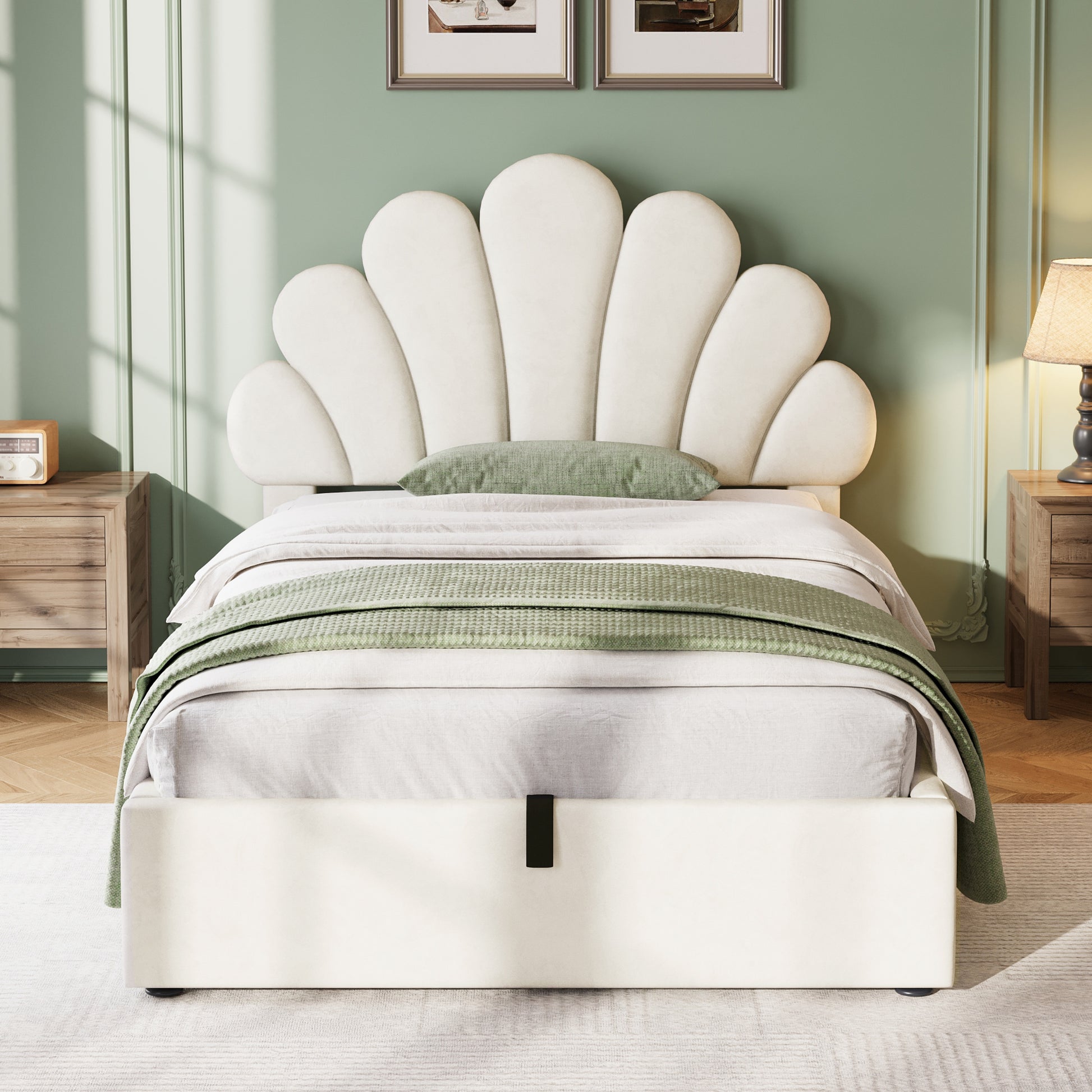 Beige 3ft upholstered hydraulic petal bed frame with soft velvet, adjustable petal headboard, solid wood slats, no box spring