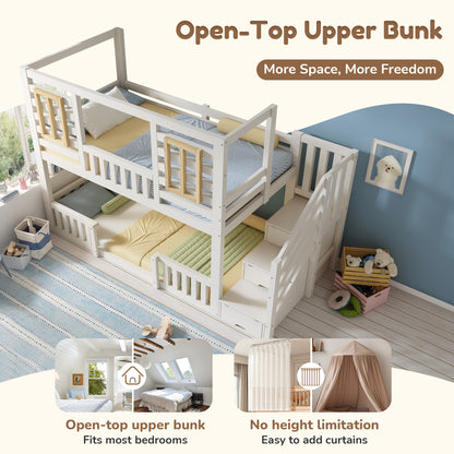 White wooden bunk bed for kids with staircase storage, twin size 90x190 cm, multi-functional tree-house design by HOMCOM.