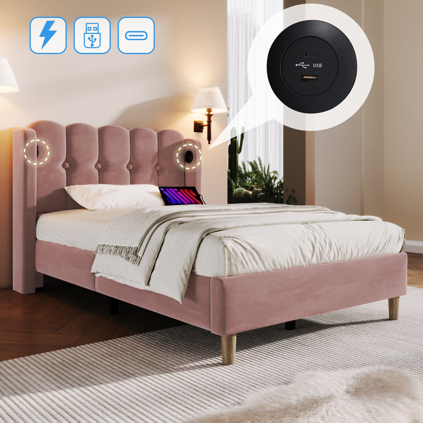 Pink velvet upholstered single bed frame with wooden slats, USB and Type-C charging ports, ideal for teen or guest bedroom.
