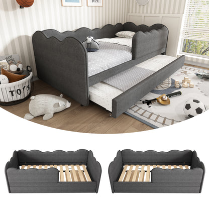 Grey HOMCOM upholstered single daybed with pull-out trundle, linen fabric, slatted frame, suitable for adults and children, no mattress