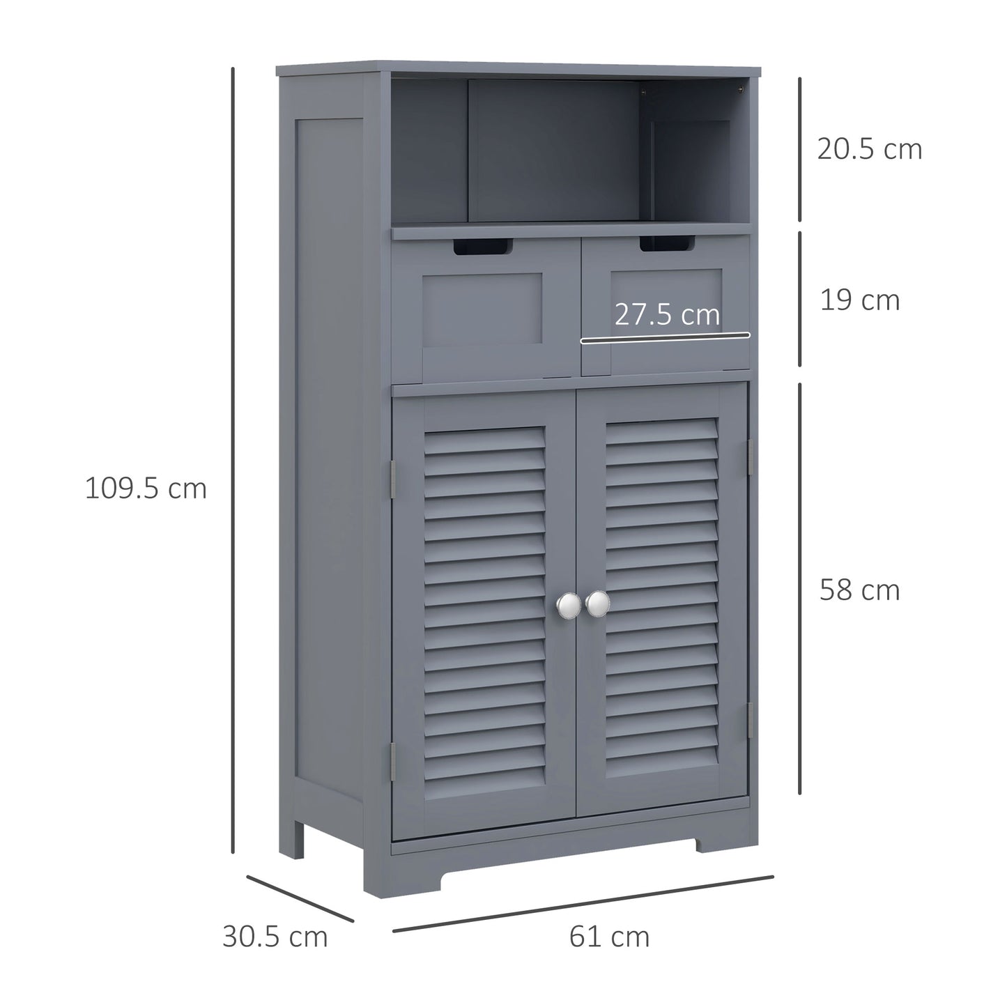 HOMCOM Kleankin three-part bathroom storage unit with grey finish, featuring shelf, drawers, and cupboard for organized bathroom storage.
