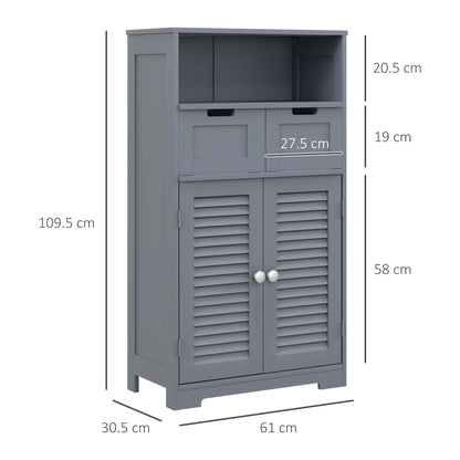 HOMCOM Kleankin three-part bathroom storage unit with grey finish, featuring shelf, drawers, and cupboard for organized bathroom storage.