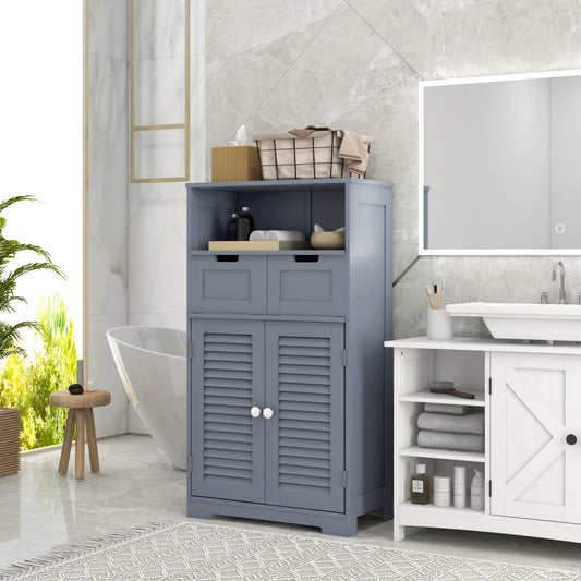 HOMCOM Kleankin three-part bathroom storage unit with grey finish, featuring shelves, drawers, and cupboard for organized bathroom storage.