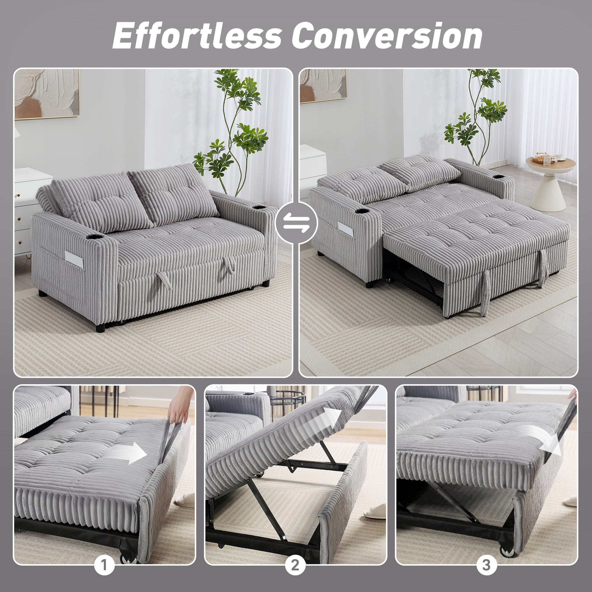 HOMCOM 2-seater click clack sofa bed with pull-out design, light grey corduroy upholstery, showing the sofa in seated and bed positions.
