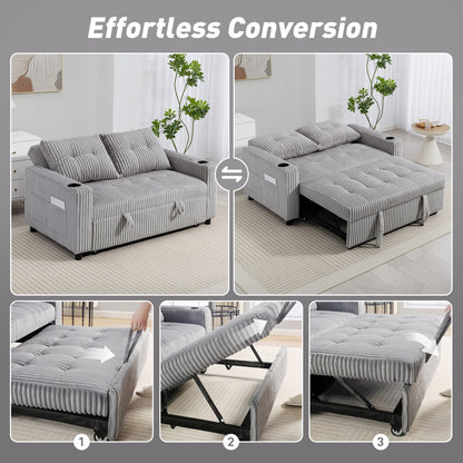 HOMCOM 2-seater click clack sofa bed with pull-out design, light grey corduroy upholstery, showing the sofa in seated and bed positions.